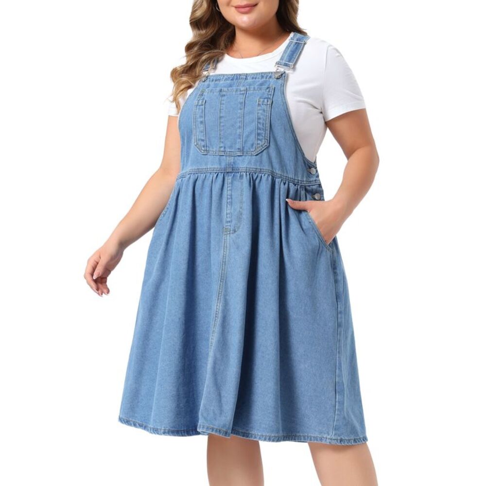 Women Plus Size Denim Overalls Dress Jean Midi Dresses Light Blue